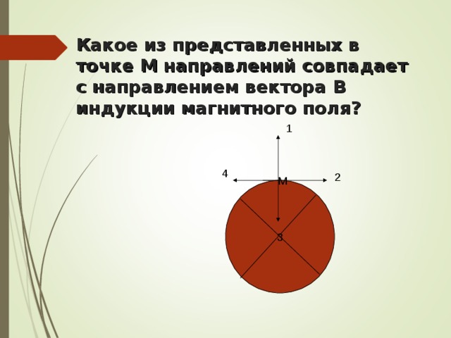 Какое из представленных в точке М направлений совпадает с направлением вектора В индукции магнитного поля? 1 4 2 М 3 