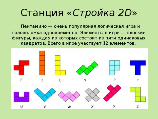 Станция « Стройка 2 D »   Пентамино — очень популярная логическая игра и головоломка одновременно. Элементы в игре — плоские фигуры, каждая из которых состоит из пяти одинаковых квадратов. Всего в игре участвует 12 элементов. 