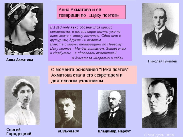 Анна Ахматова и её товарищи по «Цеху поэтов» В 1910 году явно обозначился кризис символизма, и начинающие поэты уже не примыкали к этому течению. Одни шли в футуризм, другие - в акмеизм. Вместе с моими товарищами по Первому Цеху поэтов - Мандельштамом, Зенкевичем и Нарбутом - я сделалась акмеисткой   А.Ахматова «Коротко о себе» Анна Ахматова Николай Гумилев  С момента основания 