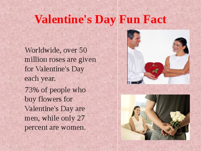 Valentine's Day Fun Fact  Worldwide, over 50 million roses are given for Valentine's Day each year.  73% of people who buy flowers for Valentine's Day are men, while only 27 percent are women. 