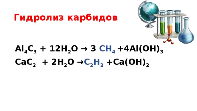 Гидролиз карбидов  Al 4 C 3 + 12H 2 O → 3 СH 4  +4Al(OH) 3 СaC 2 + 2H 2 O → C 2 H 2 +Ca(OH) 2  