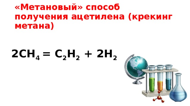 «Метановый» способ получения ацетилена (крекинг метана) 2СH 4 = C 2 H 2 + 2H 2 