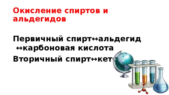 Окисление спиртов и альдегидов Первичный спирт↔альдегид ↔карбоновая кислота Вторичный спирт↔кетон  