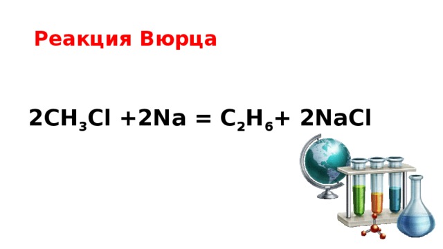 Реакция Вюрца 2CH 3 Cl  +2Na = С 2 Н 6 + 2NaCl 