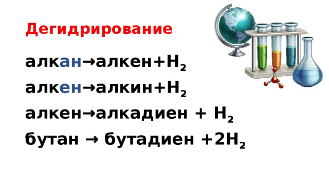 Дегидрирование алк ан →алкен+Н 2 алк ен →алкин+Н 2 алкен→алкадиен + Н 2 бутан → бутадиен +2Н 2 
