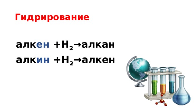 Гидрирование алк ен +Н 2 →алкан алк ин +Н 2 →алкен  