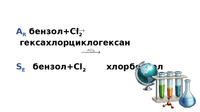 А R  бензол+Cl 2 гексахлорциклогексан  S E  бензол+Cl 2 хлорбензол   