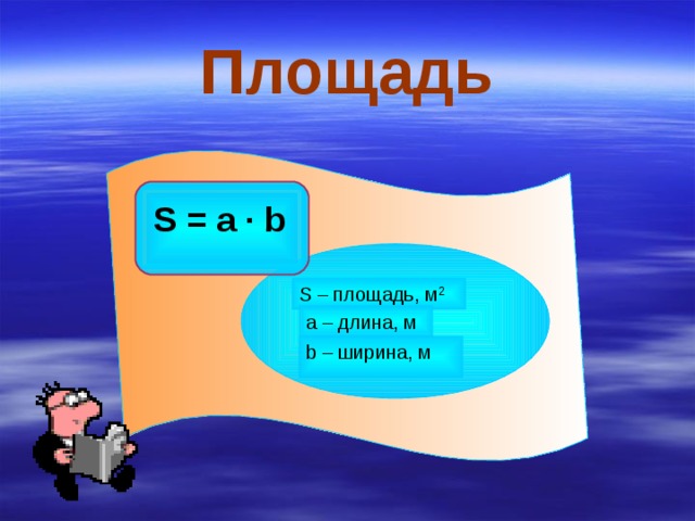 Площадь S = a · b S – площадь, м 2  а – длина, м b – ширина, м 