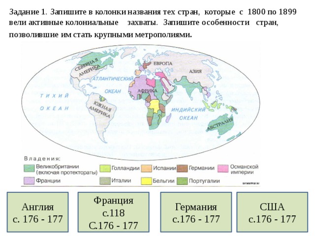 Задание 1. Запишите в колонки названия тех стран, которые с 1800 по 1899 вели активные колониальные захваты. Запишите особенности стран, позволившие им стать крупными метрополиями . Англия Франция Германия США с. 176 - 177 с.118 с.176 - 177 с.176 - 177 С.176 - 177 