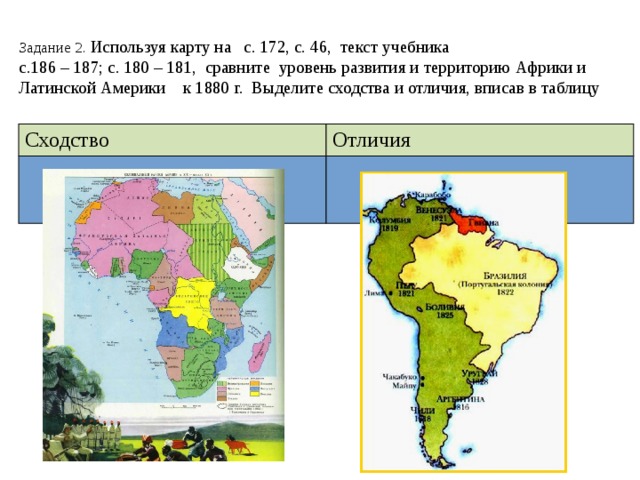 Задание 2. Используя карту на с. 172, с. 46, текст учебника  с.186 – 187; с. 180 – 181, сравните уровень развития и территорию Африки и Латинской Америки к 1880 г. Выделите сходства и отличия, вписав в таблицу Сходство Отличия 