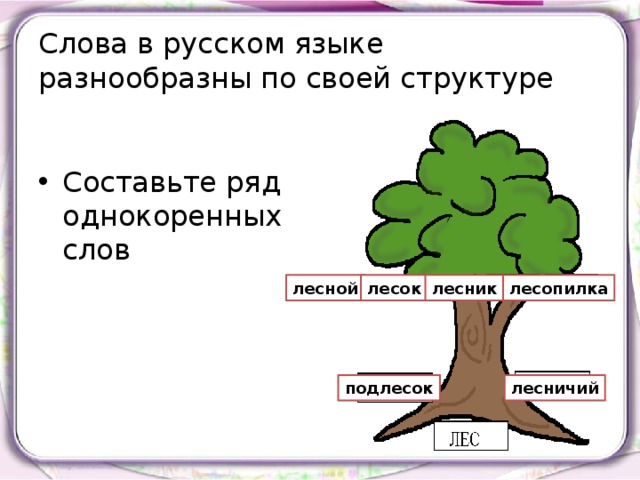 Слова в русском языке разнообразны по своей структуре Составьте ряд однокоренных слов лесной лесок лесник лесопилка подлесок лесничий 