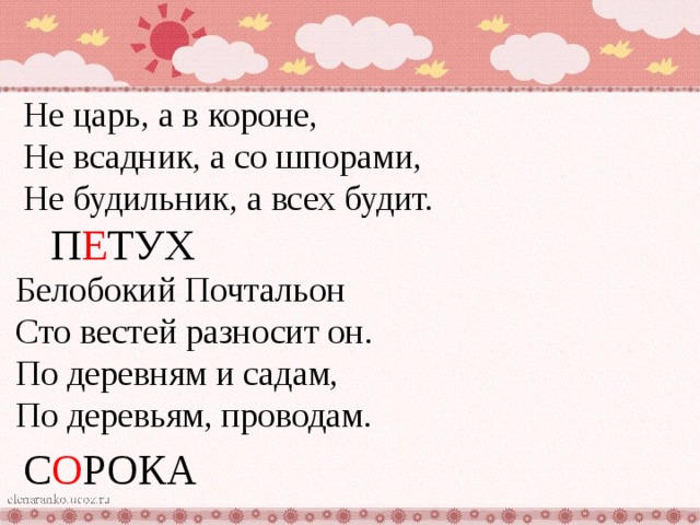 Не царь, а в короне,  Не всадник, а со шпорами,  Не будильник, а всех будит. П Е ТУХ  Белобокий Почтальон  Сто вестей разносит он.  По деревням и садам,  По деревьям, проводам.  С О РОКА 