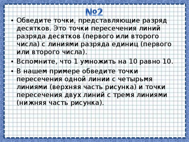 Обведите точки, представляющие разряд десятков. Это точки пересечения линий разряда десятков (первого или второго числа) с линиями разряда единиц (первого или второго числа). Вспомните, что 1 умножить на 10 равно 10. В нашем примере обведите точки пересечения одной линии с четырьмя линиями (верхняя часть рисунка) и точки пересечения двух линий с тремя линиями (нижняя часть рисунка).  