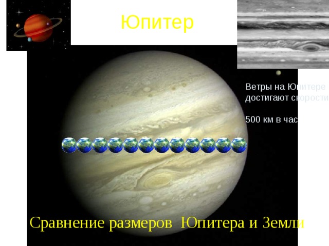 Юпитер Ветры на Юпитере достигают скорости  500 км в час Сравнение размеров Юпитера и Земли