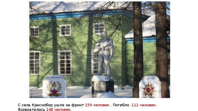 С села Краснобор ушли на фронт 259 человек . Погибло 111 человек. Возвратилось 148 человек . 
