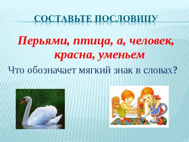 Перьями, птица, а, человек, красна, уменьем Что обозначает мягкий знак в словах? 