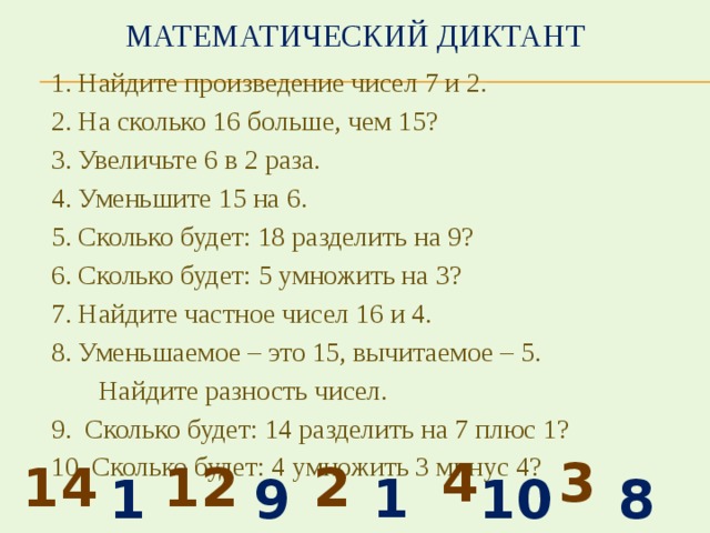 Математический диктант 1. Найдите произведение чисел 7 и 2. 2. На сколько 16 больше, чем 15? 3. Увеличьте 6 в 2 раза. 4. Уменьшите 15 на 6. 5. Сколько будет: 18 разделить на 9? 6. Сколько будет: 5 умножить на 3? 7. Найдите частное чисел 16 и 4. 8. Уменьшаемое – это 15, вычитаемое – 5.  Найдите разность чисел. 9. Сколько будет: 14 разделить на 7 плюс 1? 10. Сколько будет: 4 умножить 3 минус 4?  4 3 14 12 2 15 1 9 10 8 