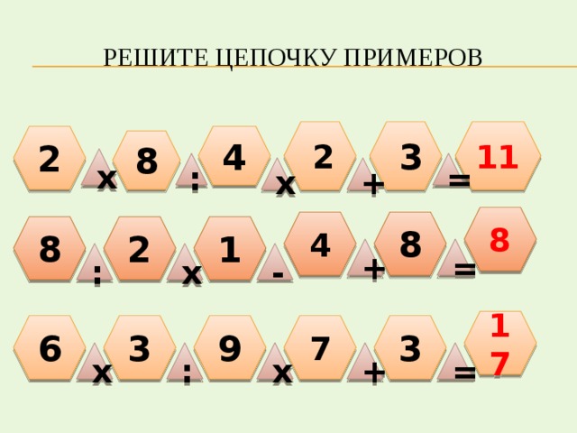 Решите цепочку примеров  2 11  3 2 4 8 х : = х + 8 8 4 8 2 1 + = х - : 17 3 6 7 9 3 = + х х : 