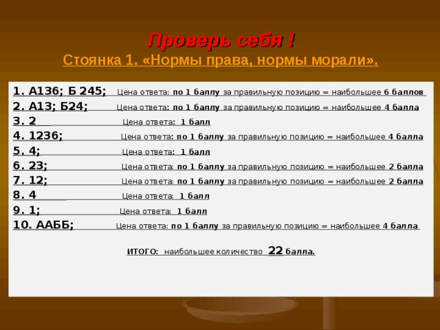 Проверь себя !  Стоянка 1. «Нормы права, нормы морали». 1. А136; Б 245;  Цена ответа: по 1 баллу за правильную позицию = наибольшее 6 баллов 2. А13; Б24;  Цена ответа : по 1 баллу за правильную позицию = наибольшее 4 балла 3. 2  Цена ответа : 1 балл 4. 1236;  Цена ответа : по 1 баллу за правильную позицию = наибольшее 4 балла 5. 4;  Цена ответа : 1 балл 6. 23;  Цена ответа: по 1 баллу за правильную позицию = наибольшее 2 балла 7. 12;  Цена ответа: по 1 баллу за правильную позицию = наибольшее 2 балла 8. 4  Цена ответа: 1 балл 9. 1;  Цена ответа: 1 балл 10. ААББ;  Цена ответа: по 1 баллу за правильную позицию = наибольшее 4 балла  ИТОГО: наибольшее количество  22 балла.  