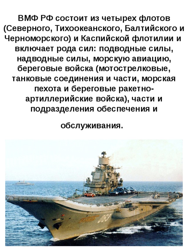   ВМФ РФ состоит из четырех флотов (Северного, Тихоокеанского, Балтийского и Черноморского) и Каспийской флотилии и включает рода сил: подводные силы, надводные силы, морскую авиацию, береговые войска (мотострелковые, танковые соединения и части, морская пехота и береговые ракетно-артиллерийские войска), части и подразделения обеспечения и обслуживания.  