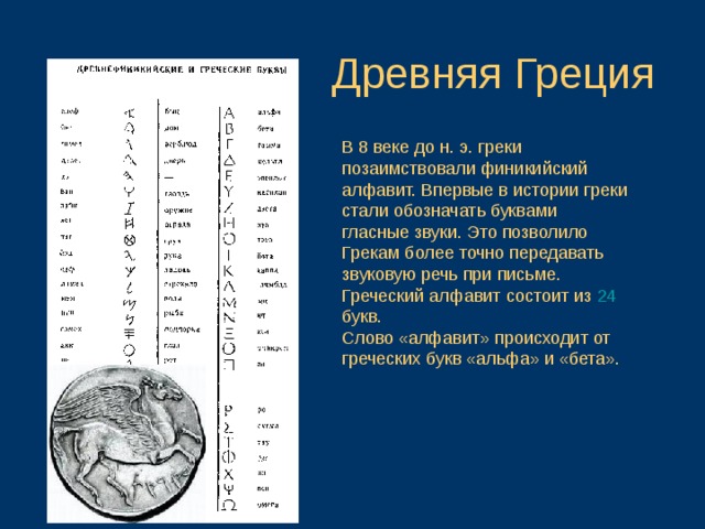 Древняя Греция В 8 веке до н. э. греки позаимствовали финикийский алфавит. Впервые в истории греки стали обозначать буквами гласные звуки. Это позволило Грекам более точно передавать звуковую речь при письме. Греческий алфавит состоит из 24 букв. Слово «алфавит» происходит от греческих букв «альфа» и «бета».