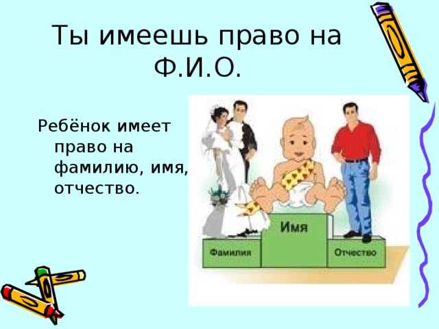 Ты имеешь право на Ф.И.О. Ребёнок имеет право на фамилию, имя, отчество.  