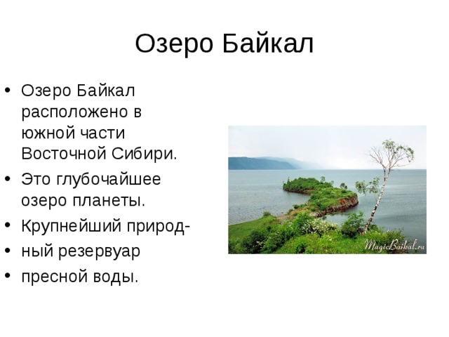 Озеро Байкал Озеро Байкал расположено в южной части Восточной Сибири. Это глубочайшее озеро планеты. Крупнейший природ- ный резервуар пресной воды. 