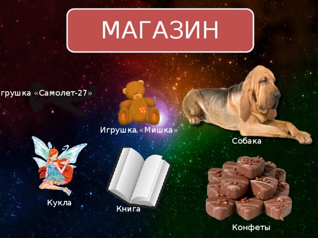 МАГАЗИН Игрушка «Самолет-27»  Игрушка «Мишка» Собака Кукла Книга Конфеты 