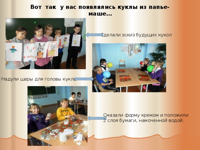 Вот так у нас появлялись куклы из папье-маше… Сделали эскиз будущих кукол Надули шары для головы куклы Смазали форму кремом и положили 2 слоя бумаги, намоченной водой. 