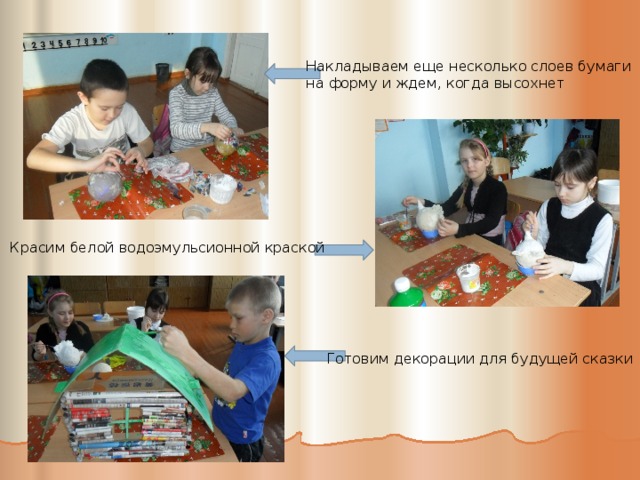 Накладываем еще несколько слоев бумаги на форму и ждем, когда высохнет Красим белой водоэмульсионной краской Готовим декорации для будущей сказки 