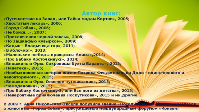 Автор книг: «Путешествие на Запад, или Тайна мадам Кортни», 2005;  «Хвостатый лекарь», 2006;  «Город Собак», 2006;  «Не бойся…», 2007;  «Приключения черной таксы», 2008;  «По Зашкафью кувырком», 2009; «Кадын - Владычица гор», 2011; «В яблочко!», 2013; «Маленькие по-беды принцессы Алисы»,2014; «Про Бабаку Косточкину-2», 2014; «Блошкинс и Фрю. Сокровища бухты Барахты», 2015; «Папатека», 2015; «Необыкновенная история жизни Патрика Фицджеральда Додо - единственного и неповторимого», 2015; «Блошкинс и Фрю. Опасное путешествие», 2015; «Чемодановна», 2015; «Про Бабаку Косточкину-3, или Все ноги из детства», 2015; «Невероятные приключения Лоскутикова», 2015 и мн.другие.  В 2009 г. Анна Никольская-Эксели получила звание «Посол мира» за сборник рассказов о животных «Город Собак», присуждаемое международным форумом «Конвент народной дипломатии» в Риме (Италия). 