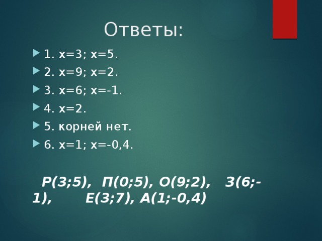  Ответы: 1. х=3; х=5. 2. х=9; х=2. 3. х=6; х=-1. 4. х=2. 5. корней нет. 6. х=1; х=-0,4.  Р(3;5), П(0;5), О(9;2), З(6;-1), Е(3;7), А(1;-0,4) 