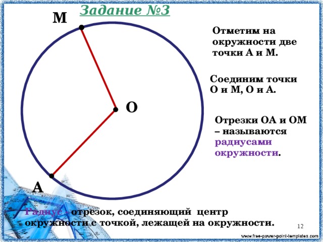 Задание №3 М Отметим на окружности две точки А и М. Соединим точки О и М, О и А. О Отрезки ОА и ОМ – называются радиусами окружности . А Радиус - отрезок, соединяющий центр окружности с точкой, лежащей на окружности.  