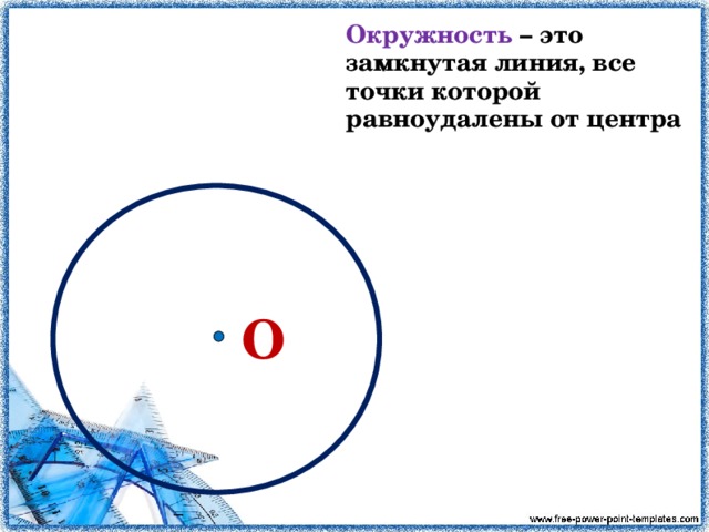 Окружность – это замкнутая линия, все точки которой равноудалены от центра О 