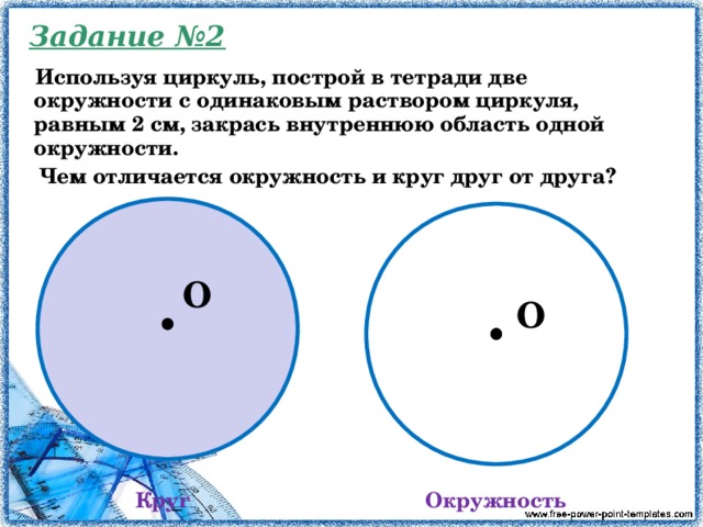 Задание №2 Используя циркуль, построй в тетради две окружности с одинаковым раствором циркуля, равным 2 см, закрась внутреннюю область одной окружности.  Чем отличается окружность и круг друг от друга? O O Круг Окружность 