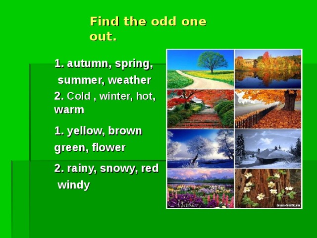 Find the odd one out. 1. autumn, spring,  summer, weather 2. Cold , winter,  hot , warm 1. yellow, brown green, flower 2. rainy, snowy, red  windy 