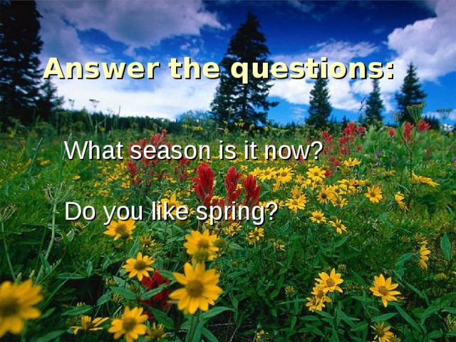 Answer the questions: What season is it now? Do you like spring? 