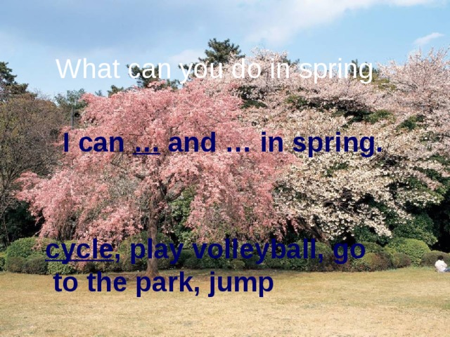 What can you do in spring  I can … and … in spring. cycle , play volleyball, go to the park, jump 