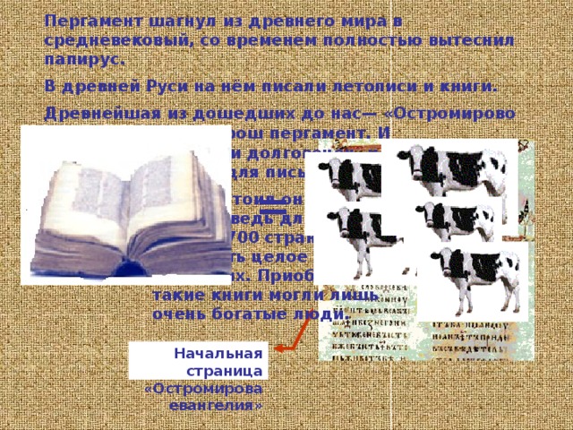 Листы папируса шириной в нашу тетрадь склеивали в ленту, а ленту свивали, свёртывали в трубку, напоминающую кусок обоев. Так появились книги- свитки. Греки такие свитки позже называли библос. От этого слова позднее произошло название библиотека- собрание книг, написанных на свитках. Обычная длина такого свитка— до 6 метров. Но встречались и свитки 45- метровой длины. Свиток— это одна большая страница. При чтении её постепенно развёртывали. К обоим концам страницы прикрепляли палочки. Хранились они в ящиках, кувшинах или в специальных футлярах из ткани, кожи или дерева. 