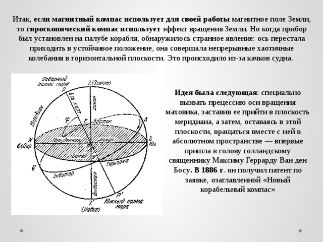 Итак, если магнитный компас использует для своей работы магнитное поле Земли, то гироскопический компас использует эффект вращения Земли. Но когда прибор был установлен на палубе корабля, обнаружилось странное явление: ось перестала приходить в устойчивое положение, она совершала непрерывные хаотичные колебания в горизонтальной плоскости. Это происходило из-за качков судна. Идея была следующая : специально вызвать прецессию оси вращения маховика, заставив ее прийти в плоскость меридиана, а затем, оставаясь в этой плоскости, вращаться вместе с ней в абсолютном пространстве — впервые пришла в голову голландскому священнику Максиму Геррарду Ван ден Босу . В 1886 г . он получил патент по заявке, озаглавленной «Новый корабельный компас» 