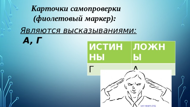 Карточки самопроверки  (фиолетовый маркер): Являются высказываниями:  А, Г ИСТИННЫ ЛОЖНЫ Г А 