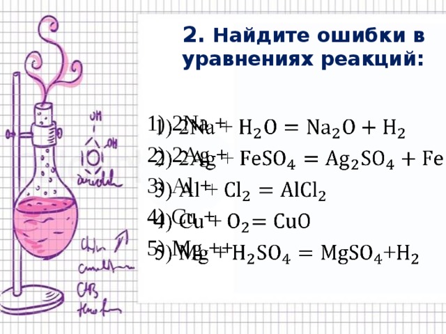 2. Найдите ошибки в уравнениях реакций: 2Na + 2Ag + Al + Cu + Mg ++   