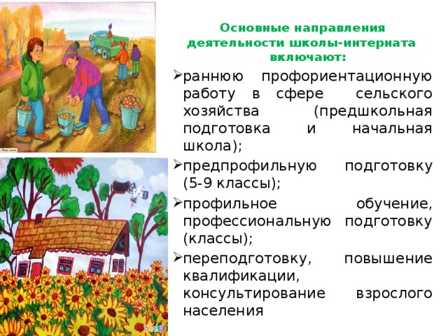 Основные направления деятельности школы-интерната включают: раннюю профориентационную работу в сфере сельского хозяйства (предшкольная подготовка и начальная школа); предпрофильную подготовку (5-9 классы); профильное обучение, профессиональную подготовку (классы); переподготовку, повышение квалификации, консультирование взрослого населения 