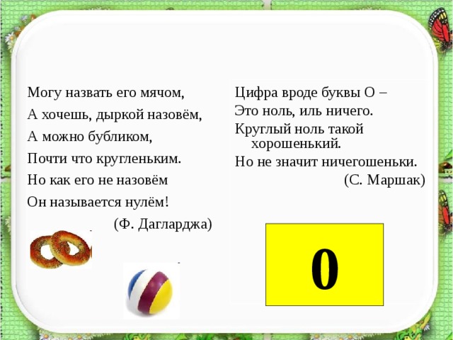 Могу назвать его мячом, А хочешь, дыркой назовём, А можно бубликом, Почти что кругленьким. Но как его не назовём Он называется нулём!  (Ф. Дагларджа) Цифра вроде буквы О – Это ноль, иль ничего. Круглый ноль такой хорошенький. Но не значит ничегошеньки.  (С. Маршак)      0 