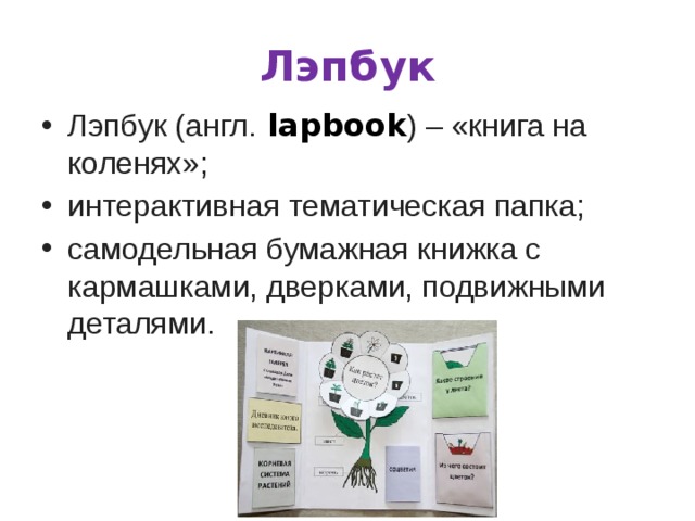 Лэпбук Лэпбук (англ. lapbook ) – «книга на коленях»; интерактивная тематическая папка; самодельная бумажная книжка с кармашками, дверками, подвижными деталями. 