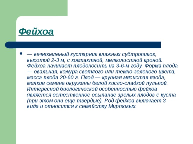 Фейхоа  — вечнозеленый кустарник влажных субтропиков, высотой 2-3 м, с компактной, мелколистной кроной. Фейхоа начинает плодоносить на 3-6-м году. Форма плода — овальная, кожура светлого или темно-зеленого цвета, масса плода 20-60 г. Плод — крупная мясистая ягода, мелкие семена окружены белой кисло-сладкой пульпой. Интересной биологической особенностью фейхоа является естественное осыпание зрелых плодов с куста (при этом они еще твердые). Род фейхоа включает 3 вида и относится к семейству Миртовых. 