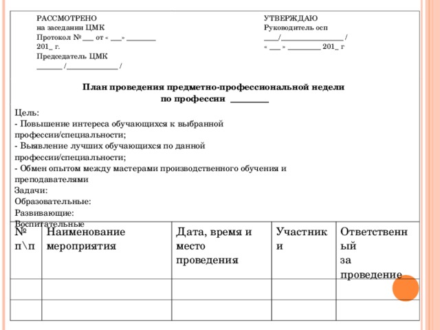 План работы цикловой методической комиссии