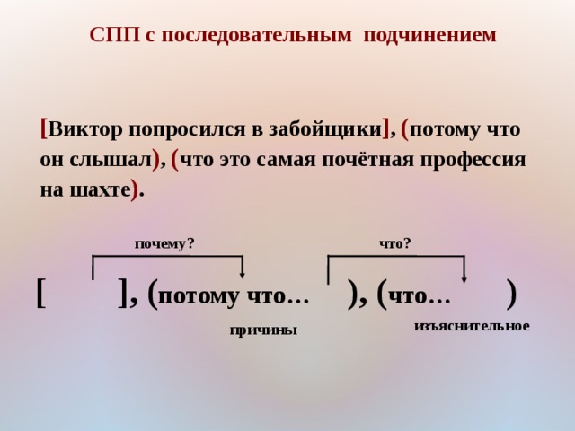 СПП с последовательным подчинением [ Виктор попросился в забойщики ] , ( потому что он слышал ) , ( что это самая почётная профессия на шахте ) . почему? что? [  ] , ( потому что…  ) , ( что…  ) изъяснительное причины 