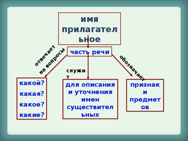 отвечает на вопросы обозначает имя прилагательное часть речи служит какой? какая? какое? какие? для описания и уточнения имен существительных признаки предметов 