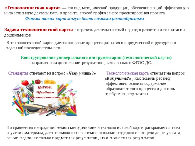 «Технологическая карта» — это вид методической продукции, обеспечивающий эффективную и качественную деятельность в проекте , способ графического проектирования проекта  Формы таких карт могут быть самыми разнообразным  Задача технологической карты - отразить деятельностный подход в развитии и воспитании дошкольников В технологической карте дается описание процесса развития в определенной структуре и в заданной последовательности  Конструирование универсального инструментария (технологической карты)  направлено на достижение результатов , заявленных в ФГОС ДО. Стандарты отвечают на вопрос «Чему учить?» Технологическая карта отвечает на вопрос  «Как учить?» , как помочь ребенку  эффективно освоить содержание  образовательного процесса и достичь  требуемых результатов По сравнению с «традиционными методичками» в технологической карте раскрывается тема изучения материала, дает возможность системно осваивать содержание от цели до результата, решать задачи не только предметных результатов , но и личностных результатов. 